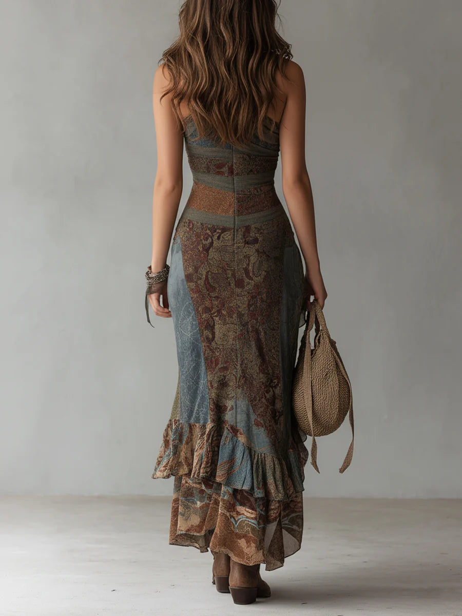 Elena ∙ Robe longue à épaule unique imprimée dans un style ethnique avec fente haute