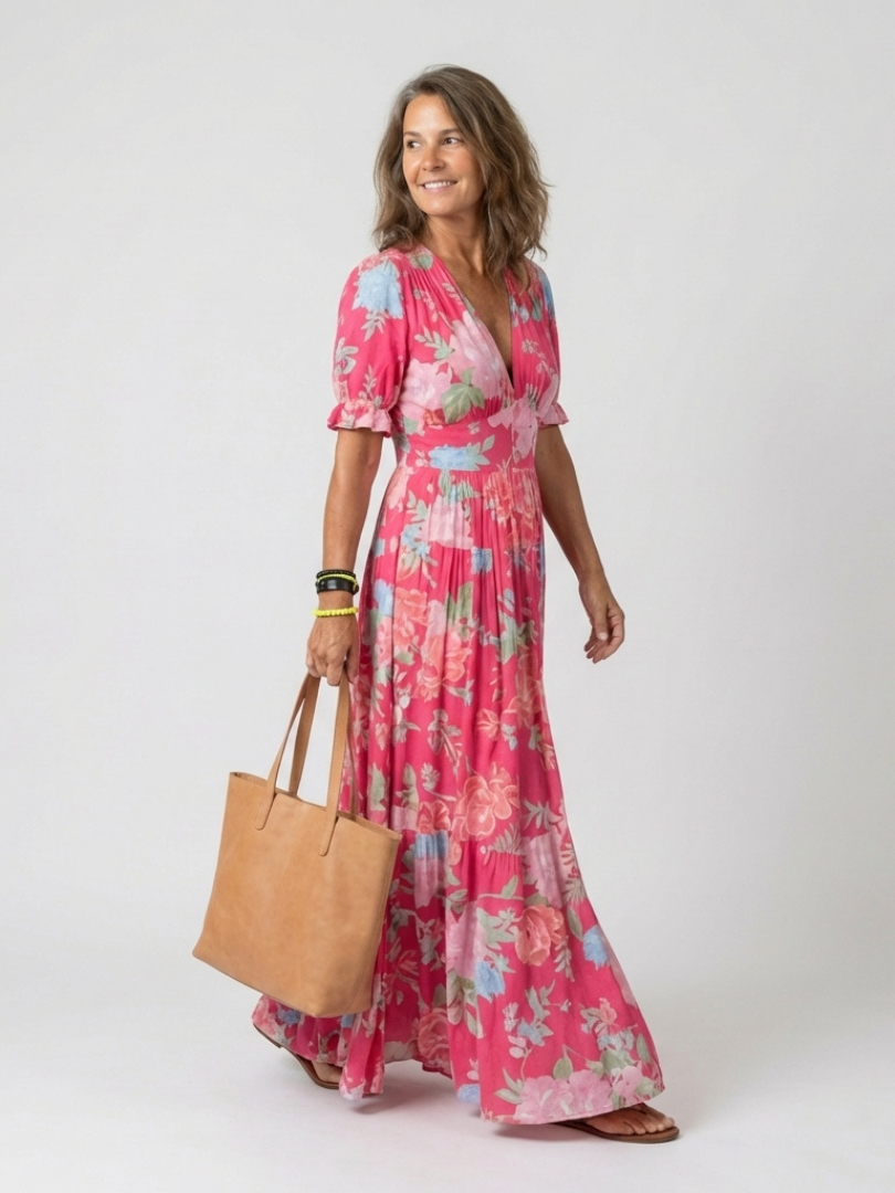 Ione | Robe Midi Fleurie à Manches Courtes et Décolleté en V
