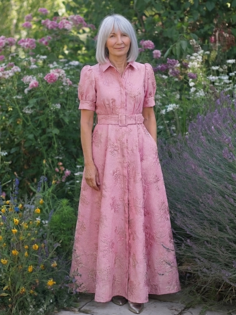 Xanthea | Robe Maxi à Manches Courtes, Ceinturée et Texturée Fleurs
