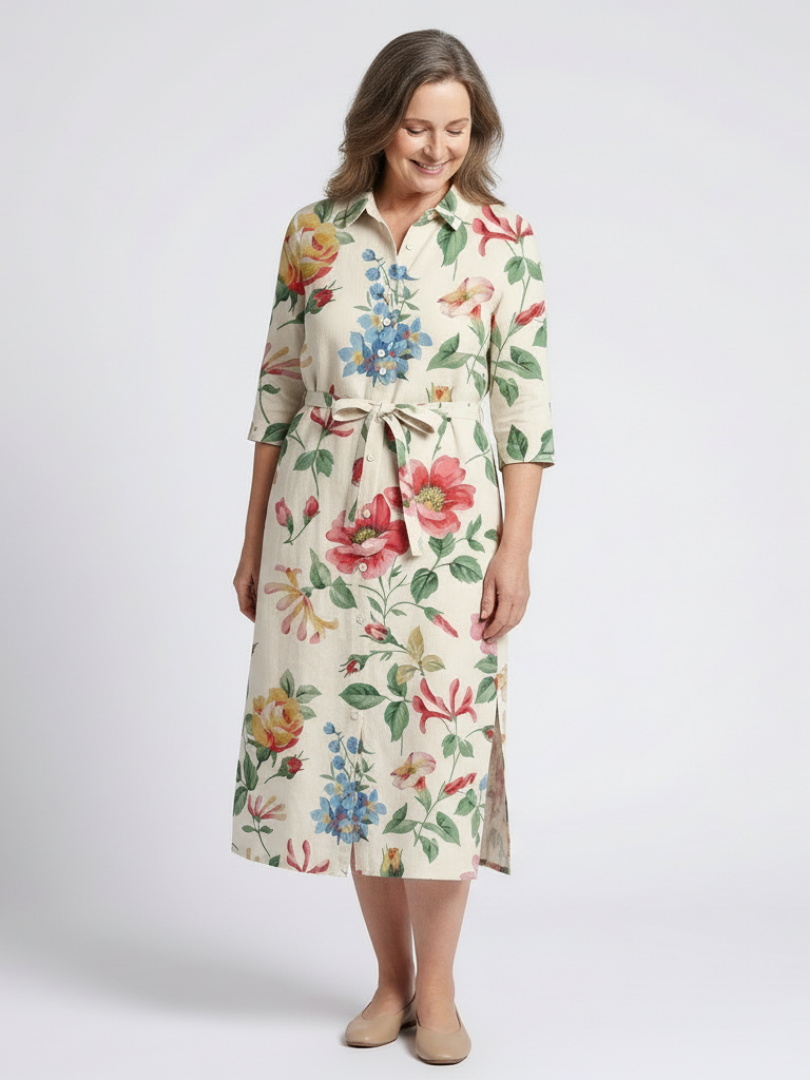 Maribel | Robe Midi Fleurie à Manches Mi-Longues avec Boutons