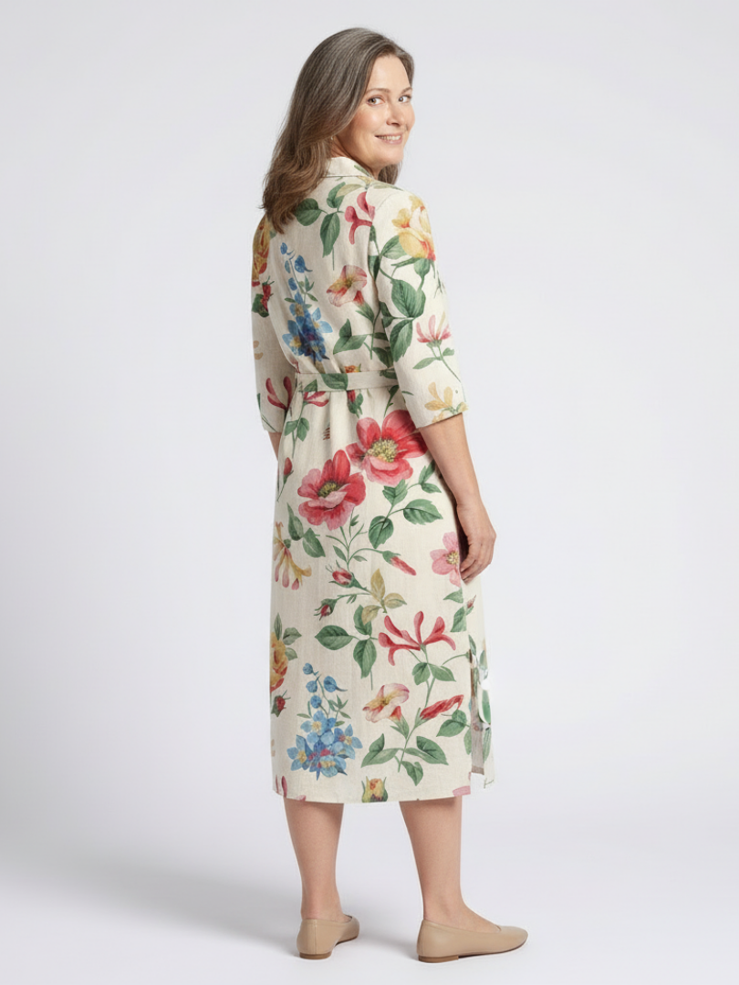 Maribel | Robe Midi Fleurie à Manches Mi-Longues avec Boutons