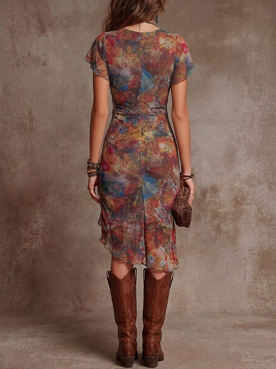 Martina · Robe midi plissée avec décolleté en V, impression d'art abstrait dans un style bohémien