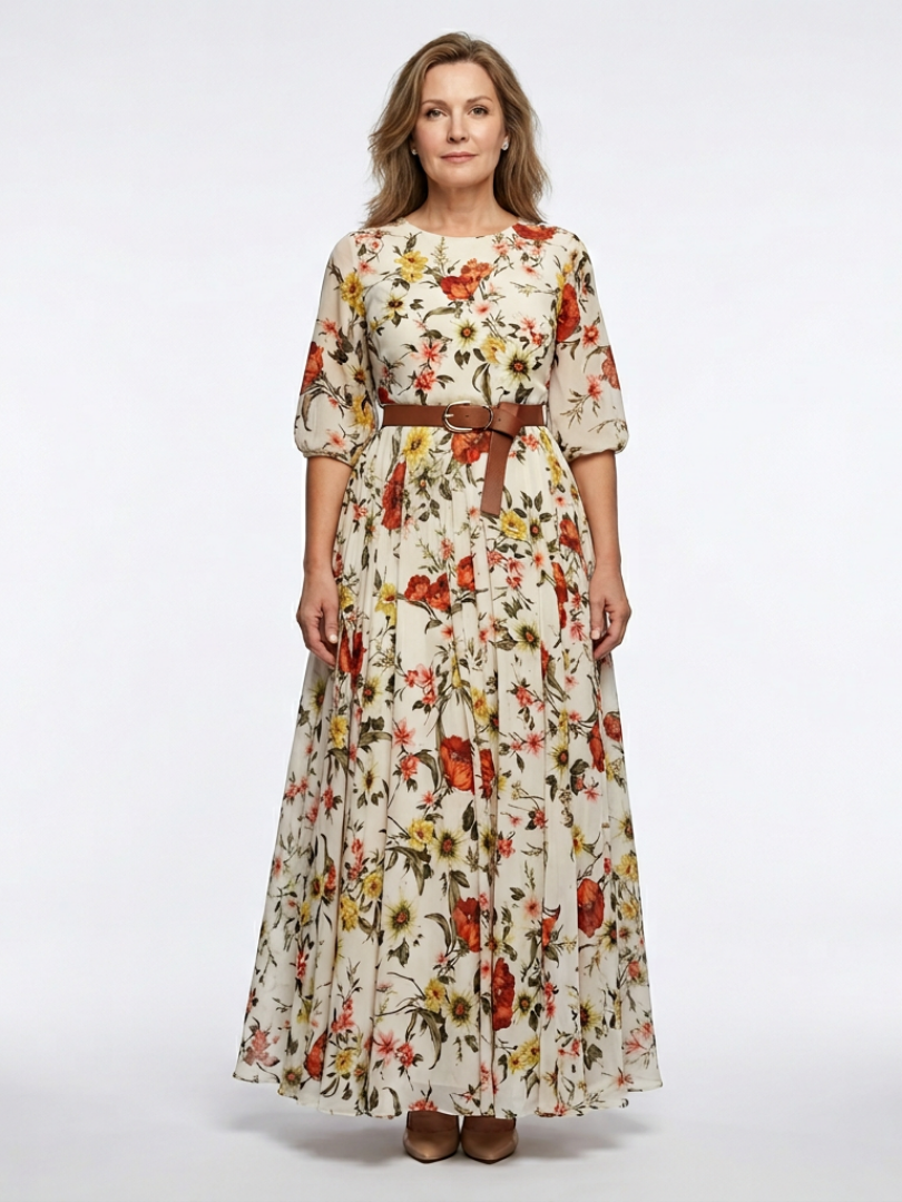 Odelia | Robe Maxi Ceinturée à Col Rond et Manches Trois Quarts