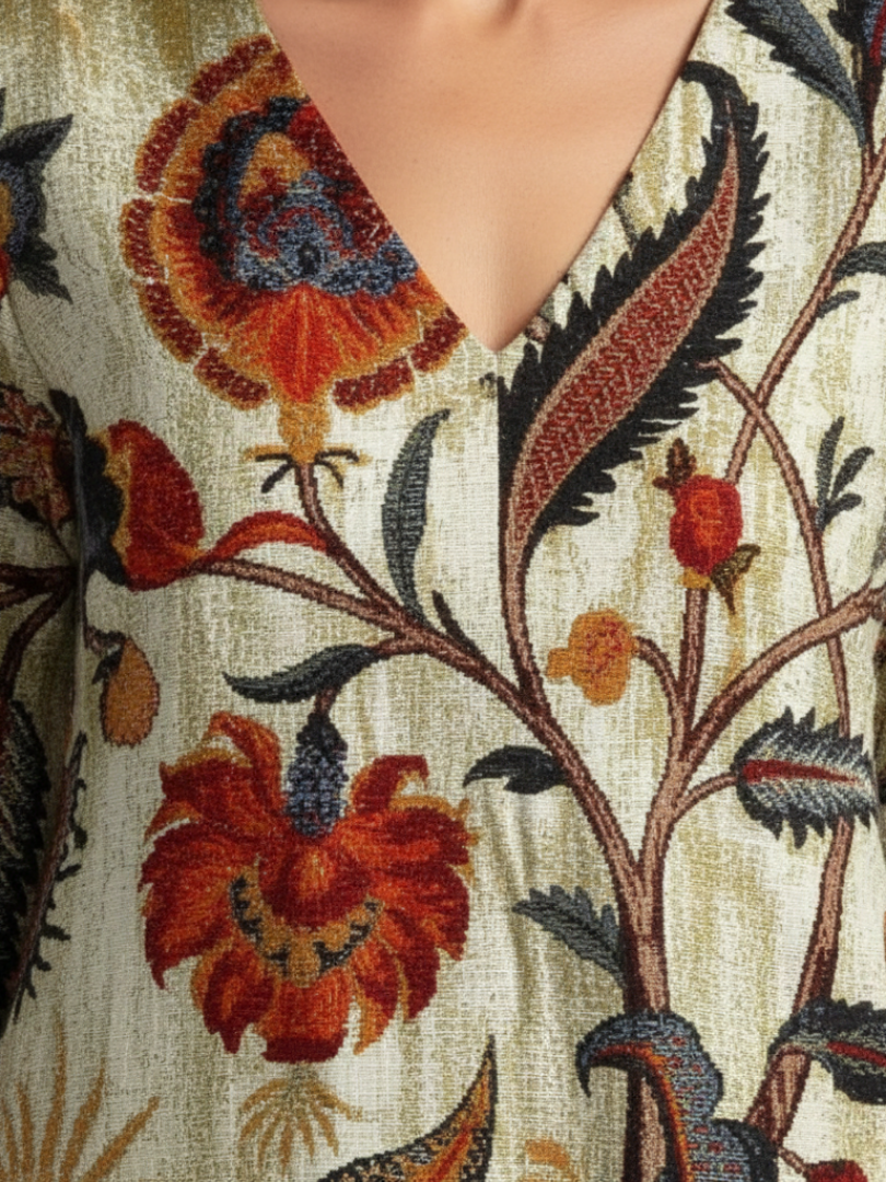 Corisande | Robe Midi à Fleurs à Manches Longues en V