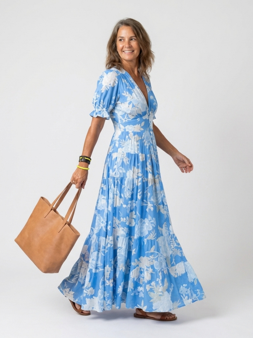 Ione | Robe Midi Fleurie à Manches Courtes et Décolleté en V