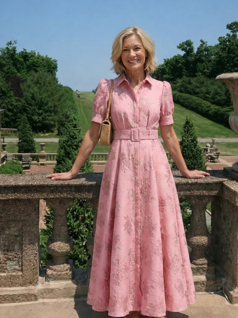 Xanthea | Robe Maxi à Manches Courtes, Ceinturée et Texturée Fleurs