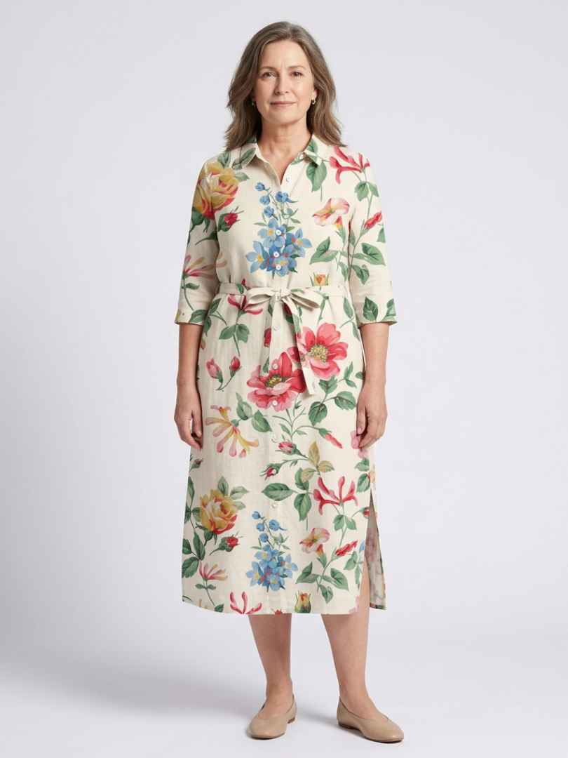 Maribel | Robe Midi Fleurie à Manches Mi-Longues avec Boutons