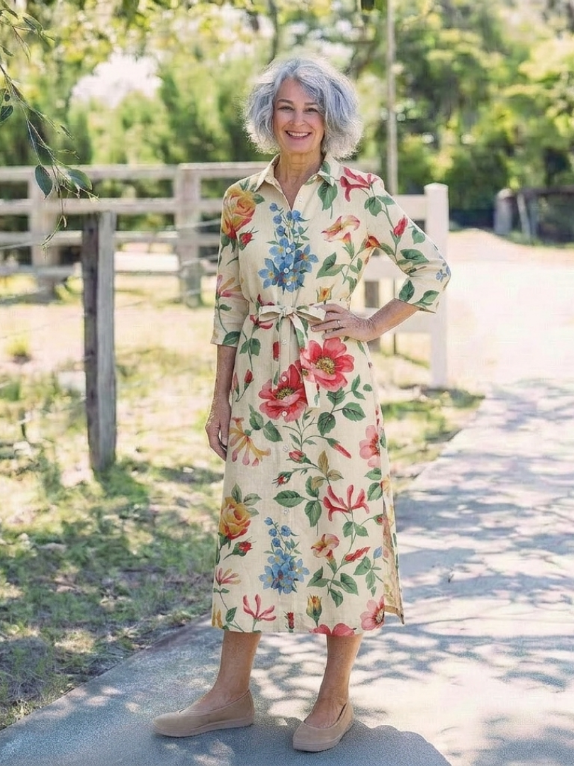 Maribel | Robe Midi Fleurie à Manches Mi-Longues avec Boutons