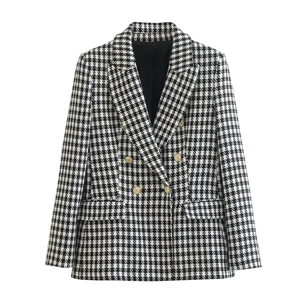 Camille Cannes | Blazer Femme Pied-de-Poule Vintage, Double Boutonnage, Élégant