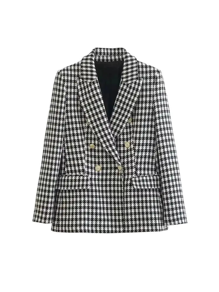 Camille Cannes | Blazer Femme Pied-de-Poule Vintage, Double Boutonnage, Élégant