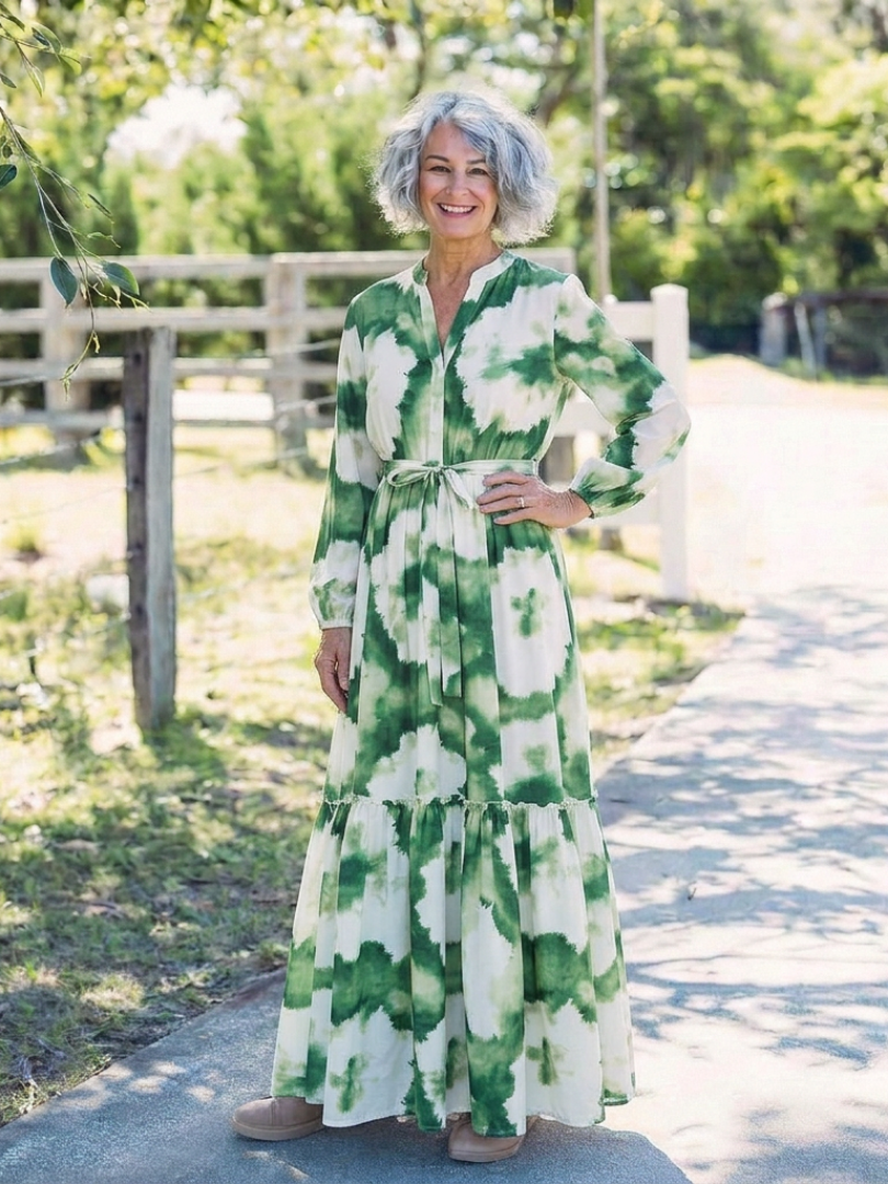 Sabine | Robe Maxi à Manches Longues avec Ceinture et Volants