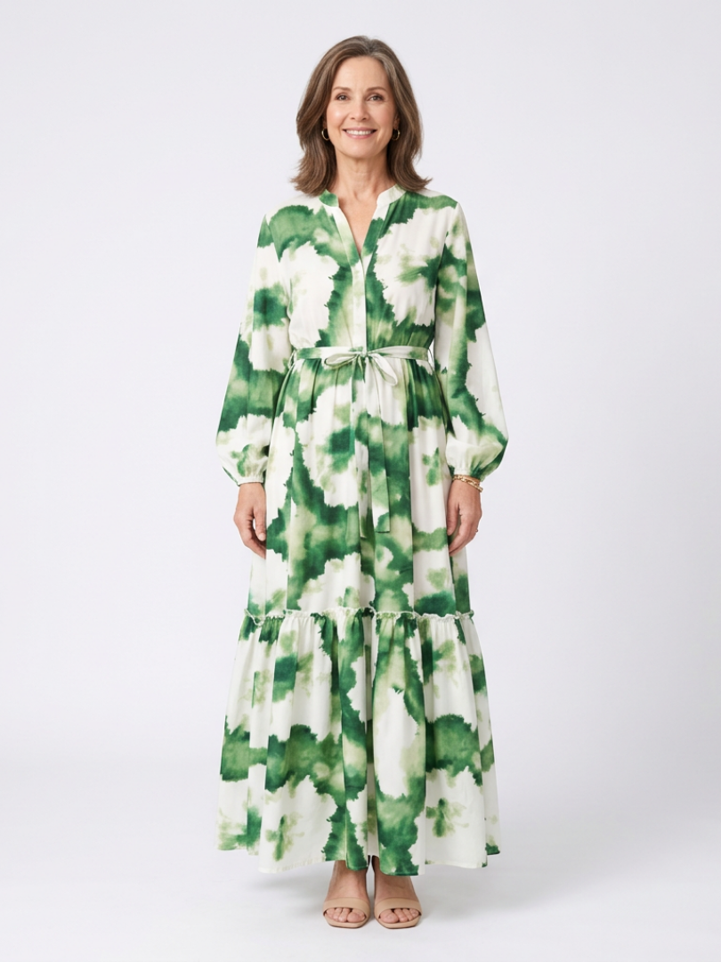Sabine | Robe Maxi à Manches Longues avec Ceinture et Volants