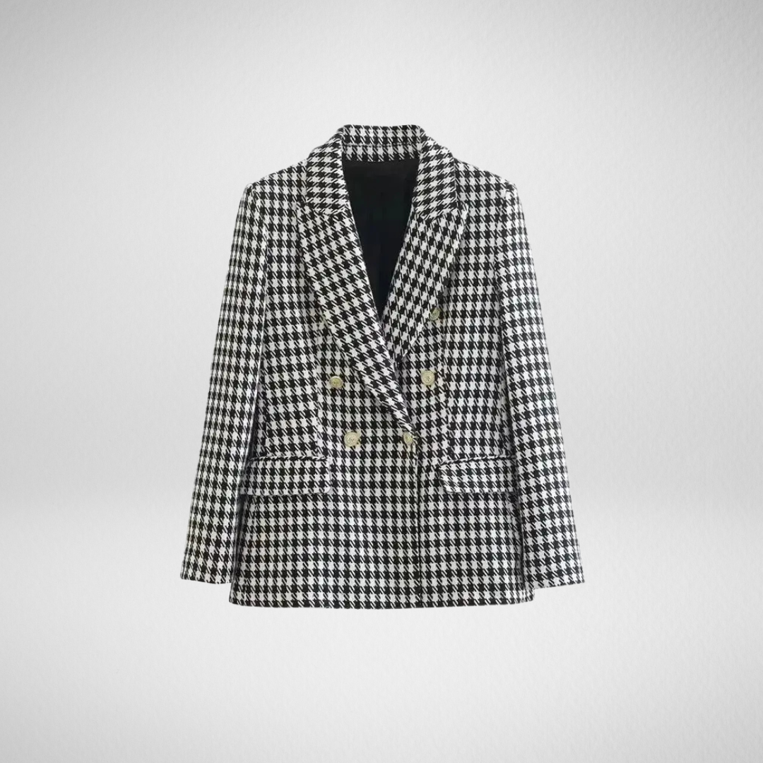 Camille Cannes | Blazer Femme Pied-de-Poule Vintage, Double Boutonnage, Élégant